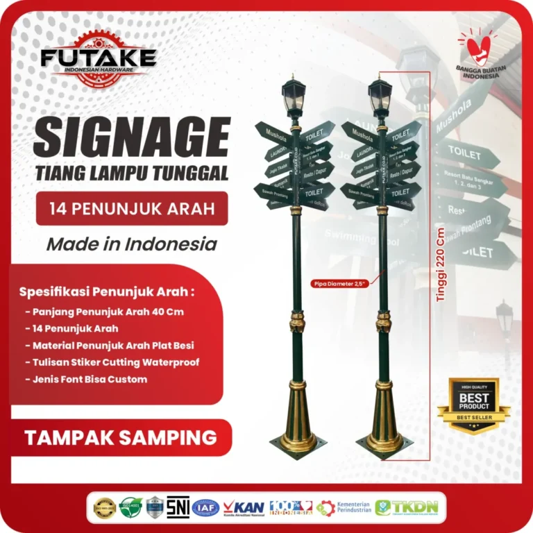 spesifikasi signage tiang lampu tunggal tampak samping