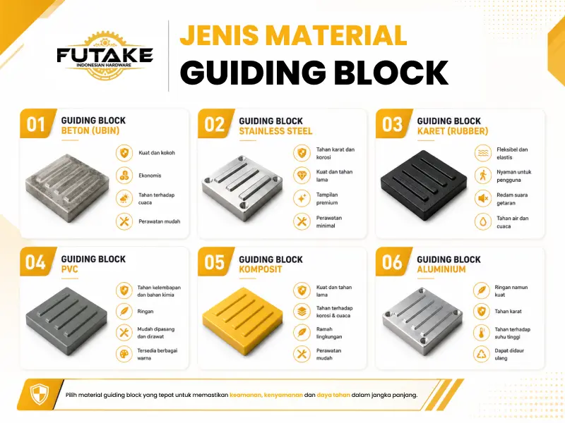 Berbagai jenis material guiding block seperti beton, stainless steel, dan PVC
