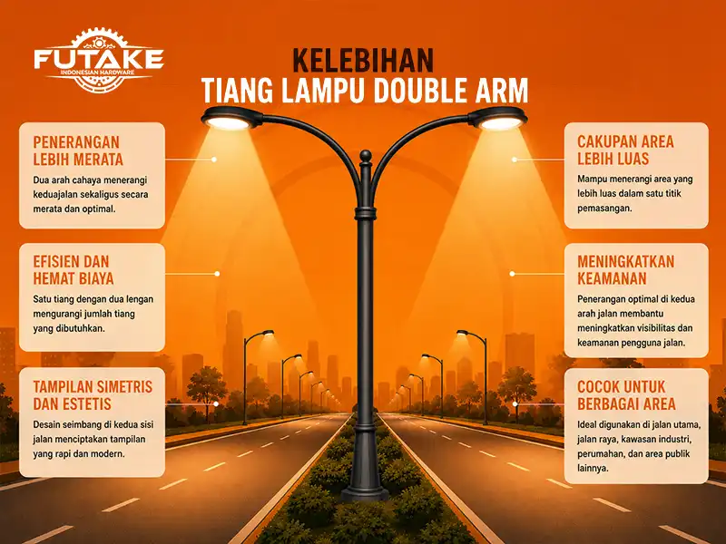 Ilustrasi kelebihan tiang lampu double arm pada jalan bermedian