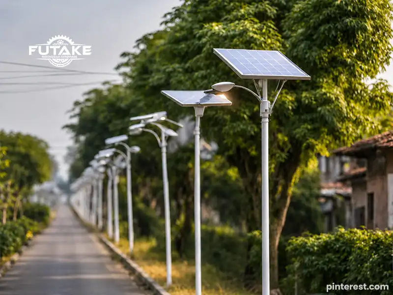 tiang lampu solar cell di siang hari sedang menyerap sinar matahari