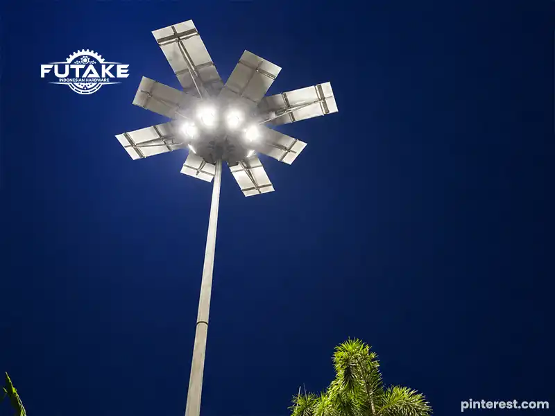 tiang lampu tenaga surya yang menyala di malam hari